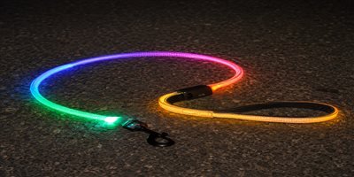 LED dog leashes — fiber optic 360° glow, LED strip dual-side, USB-C rechargeable, IP65-IP68 waterproof